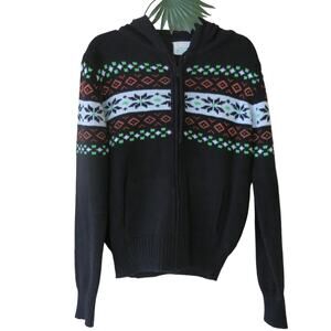 VINTAGE 1970 HELEN SUE Zip Hooded Sweater Size M Fair Isle Black/Multicolor Fall